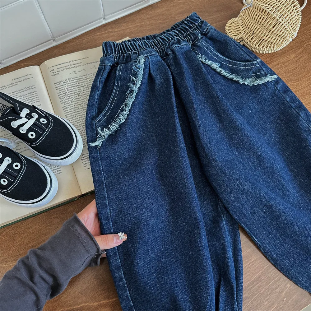 Children's Pants 2024 Autumn Korean Version High Elasticity Boys and Girls Design Jeans Baby Loose Pants Trend