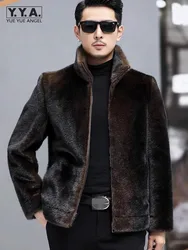 Luxury Mens Faux Fur Coat Winter Fashion Stand Collar Long Sleeve Business Casual Double-Sided Jacket Male Outerwear Short Coats