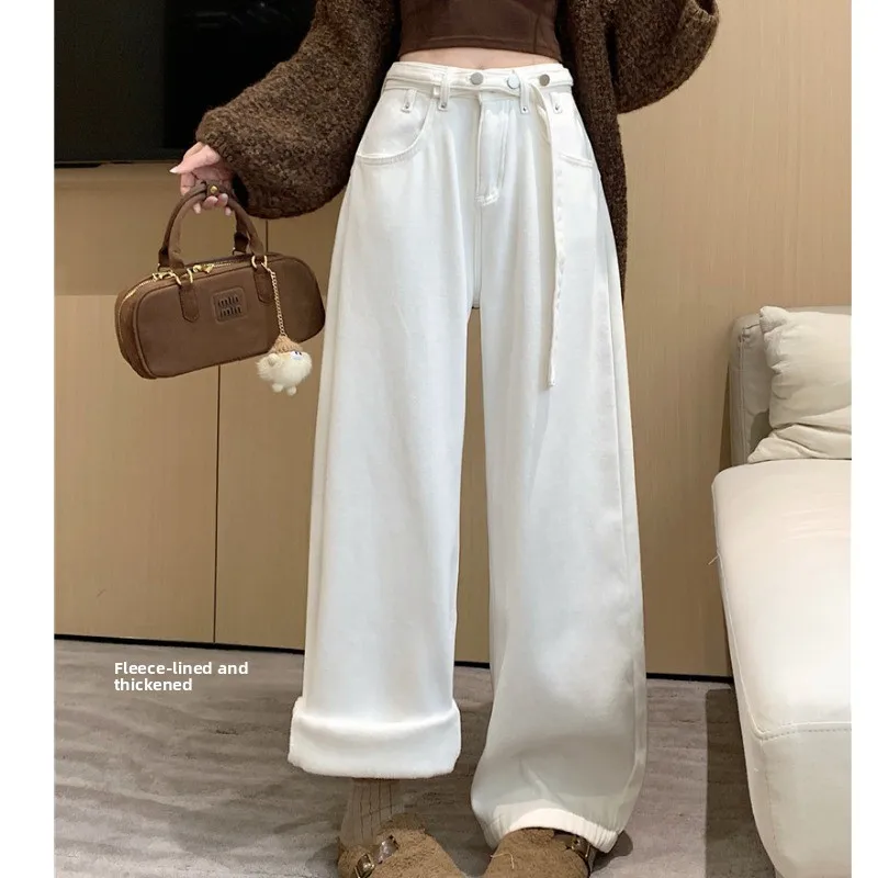 

Женские прямые джинсы на подкладке с высокой талией, свободные повседневные джинсовые брюки с поясом, уникальный дизайн, осень-зима, моя