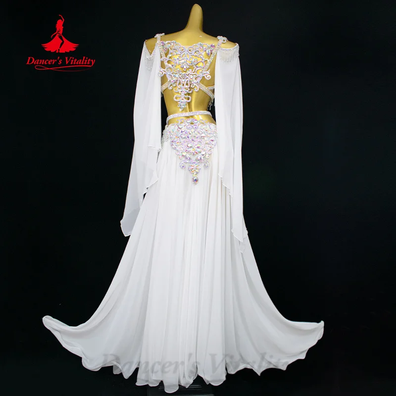 Conjunto de traje de dança do ventre feminino crianças personalizado sênior pedras sutiã + borla & saia longa oriental dança do ventre wear outfit