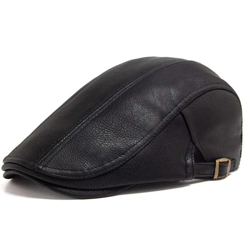 Beret Hat Fashion PU Leather Men Retro British Style Forward Hat Autumn and Winter Thick Casual Cap