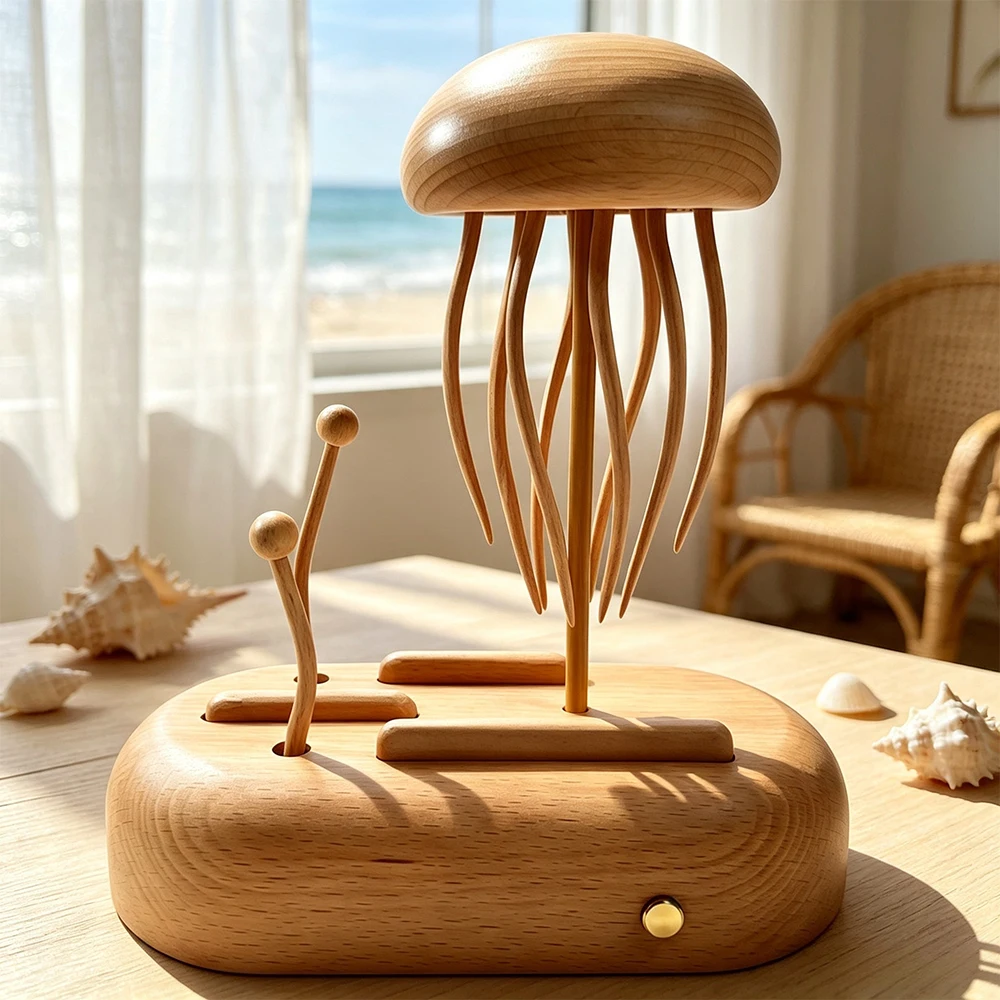 Handcrafted Wooden Jellyfish Automaton, Machinery Jellyfish Automata Sculpture with Moving Tentacles, Creative Desktop Ornament