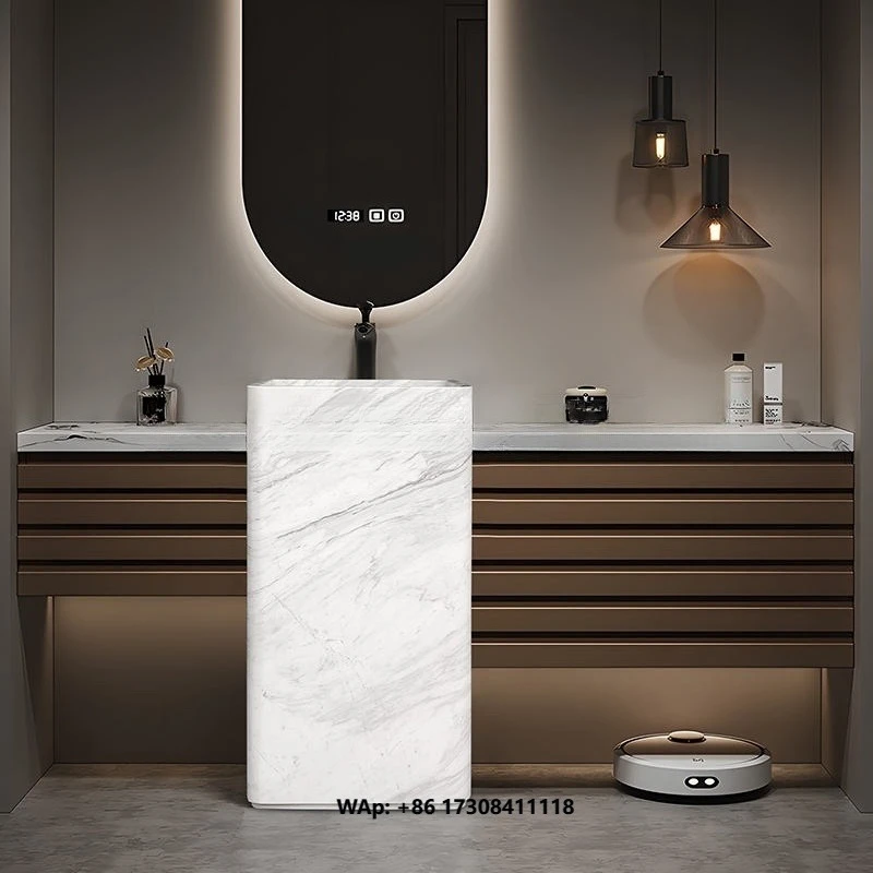 Modern Square White Marble Pedestal Sink Polished Bathroom Washroom Basin Factory Direct Custom Size Hotel Villa Home Water