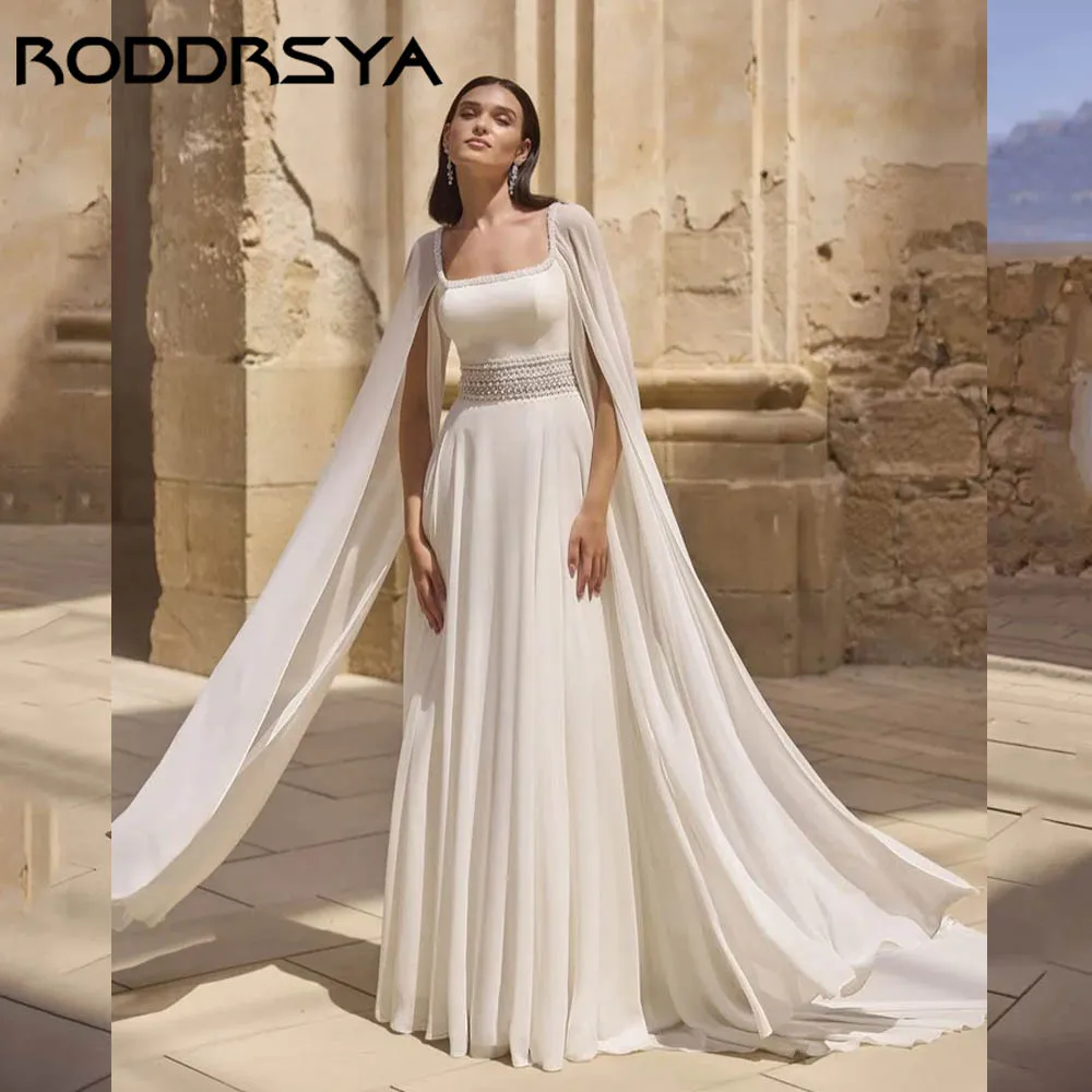 RODDRSYA Boho Chiffon A-line Wedding Dress Full Capes Sleeves Square Neck Bridal Gown Simple Beaded vestidos de novia Customized