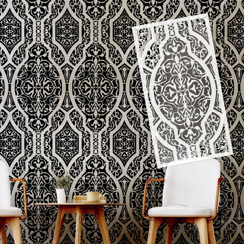 78 ซม. - 117 ซม.Stencil สําหรับภาพวาดตกแต่งตกแต่งพลาสเตอร์แม่แบบสีผนัง Damask Retro Vintage Baroque Rococo S506