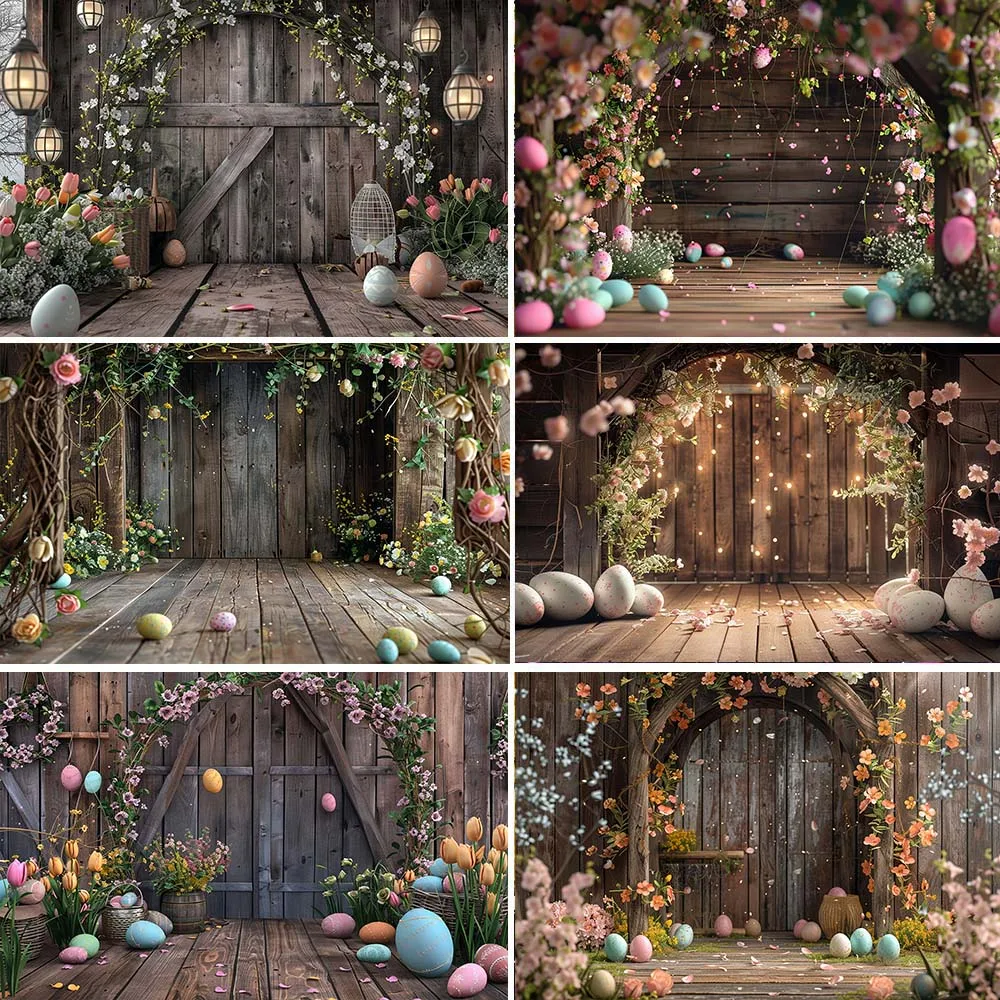 

Spring Flowers Happy Easter Photography Background Rabbit Bunny Eggs Wooden Door Baby Shower Kids Birthday Party Decor Backdrop