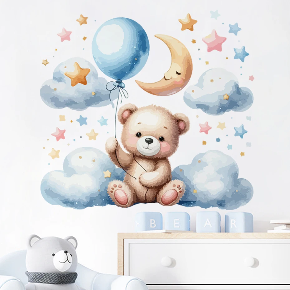 Watercolor Cartoon Teddy Bear Cloud Stars Balloon Wall Stickers for Kids Room Baby Room Decoration Wall Decals Room