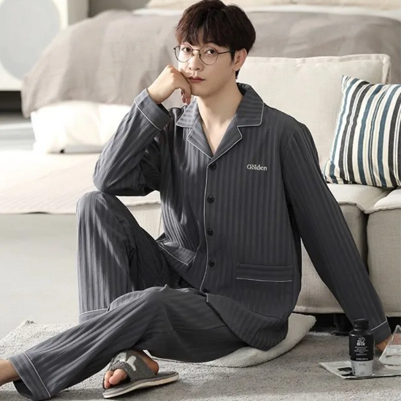 2024 Casual Loose Spring Autumn Cotton Sleepwear Suit Men New Fashion Pajamas Cardigan Long Sleeve Korean Loungewear Set Pyjiama