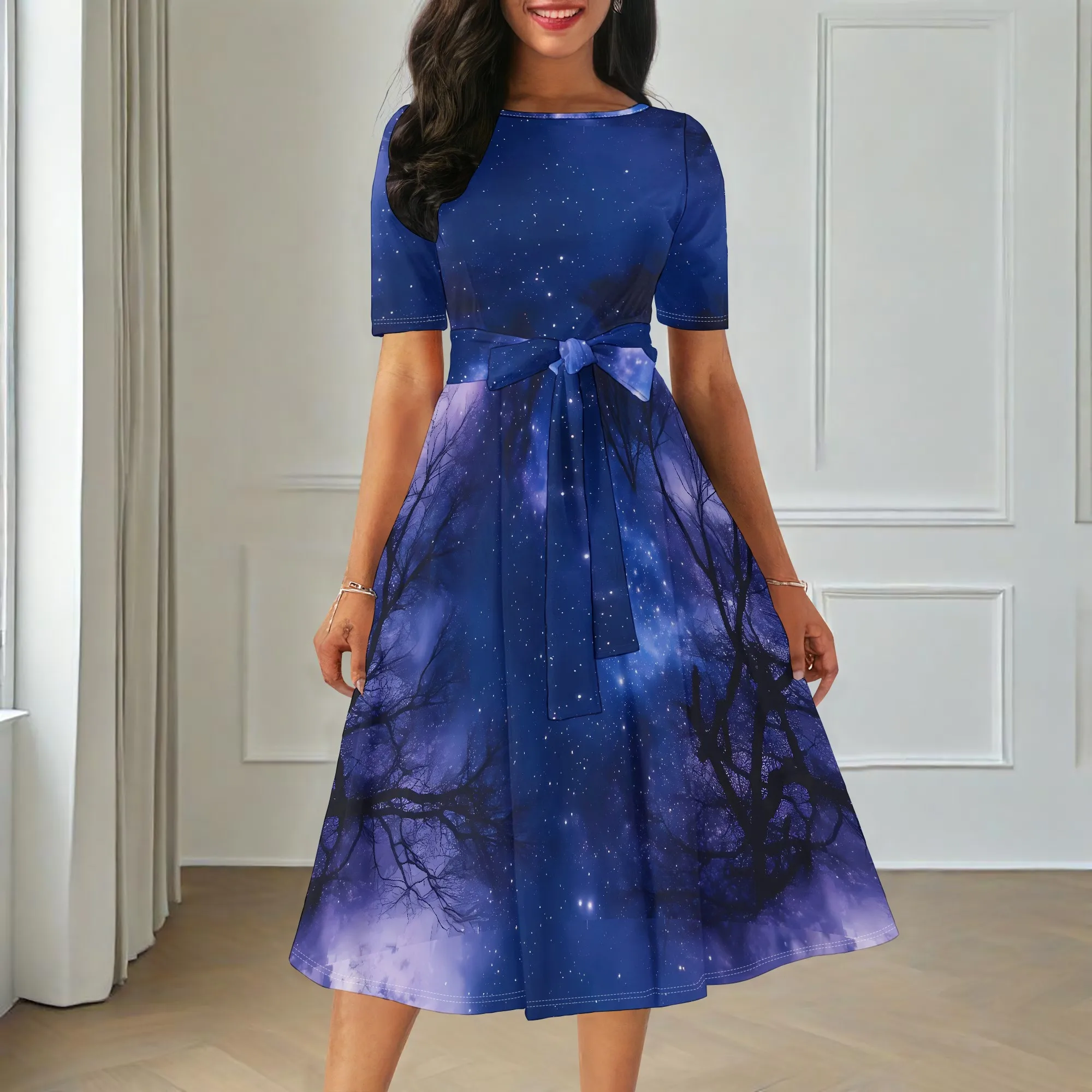 

EQQZD Short Sleeve Crewneck Dress, Beautiful Starry Sky Print Dress with Pocket & Belt, Women' Summer Casual Dress