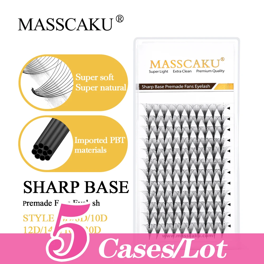 

MASSCAKU 5cases/lot Pointy Base Sharp Stem Pre-made Fans Eyelash Extension 0.07mm 6D-20D 120 Fans Russian Fast Fans Ready Volume