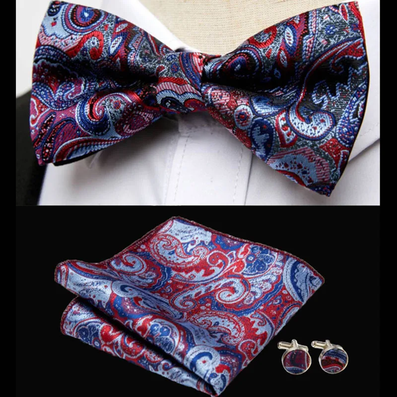 HUISHI Klassische Blau Bowties Für Männer Paisley Floral Fliege Tasche Platz Manschettenknöpfe Anzug Set Hochzeit Partei Plaid Solide Schmetterling