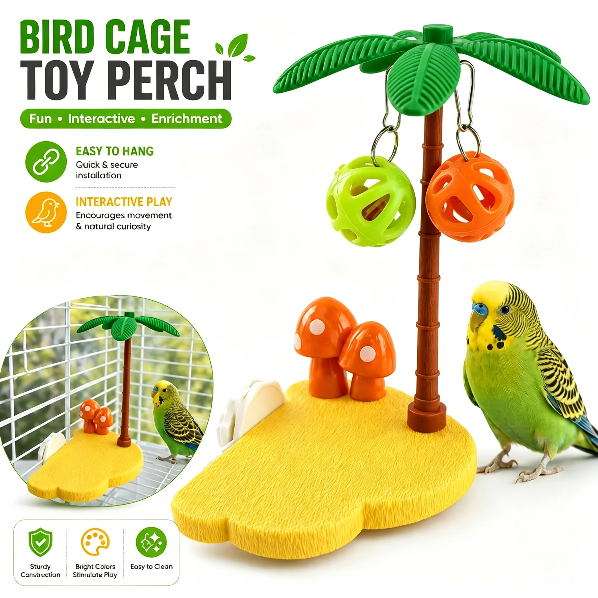 Plateforme d'agrédition interactive pour oiseaux tropicaux avec cloche et boule, en forme de palmier, pour perroquets et calopsittes, accessoire de cage anti-ennui