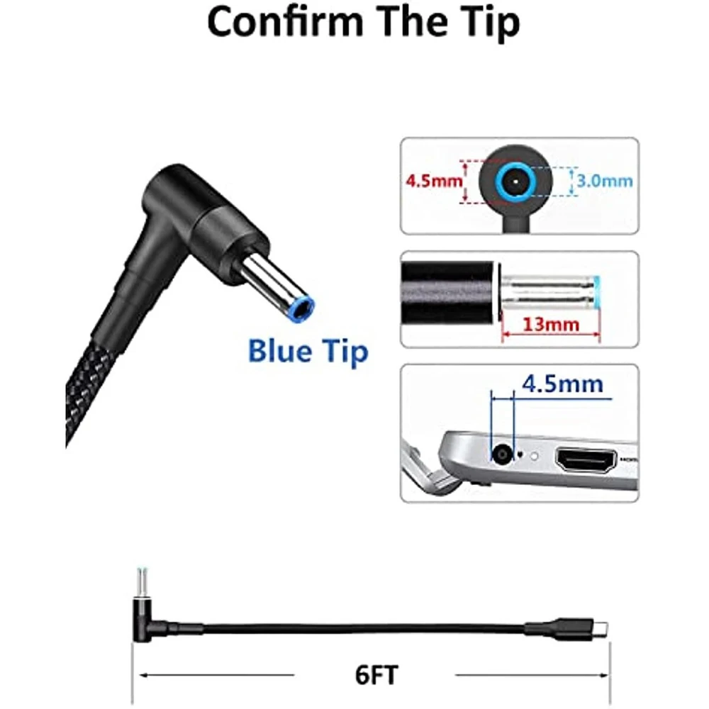 100W PD USB C to 4.5mm Laptop Charging Cable Type C to DC 4.5x3.0mm Power Supply Cord For HP Notebooks Stream 11 13 14 15 & More