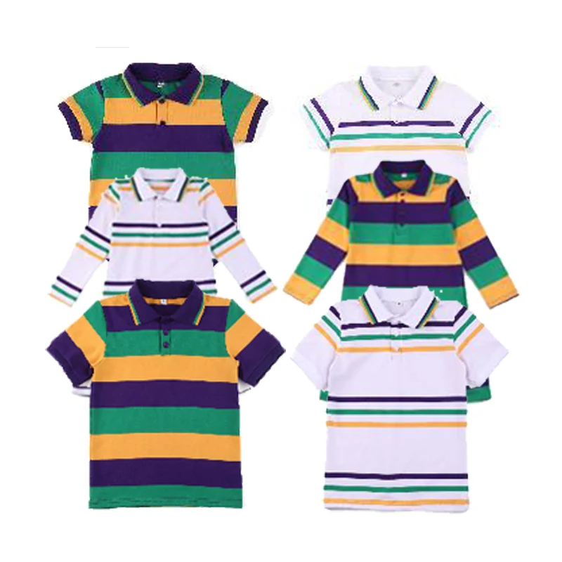 Boys Girls Mardi Gras Dress Stripe Ruffkids Tops Summer Cotton Sibling Matching Baby Kids Clothes Polo T Shirt