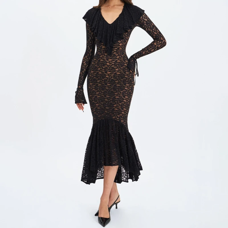 

2025 Autumn and Winter New Sexy Elegant Temperament Fishtail Skirt Lace Pattern Slim Flared Sleeve Dress Women