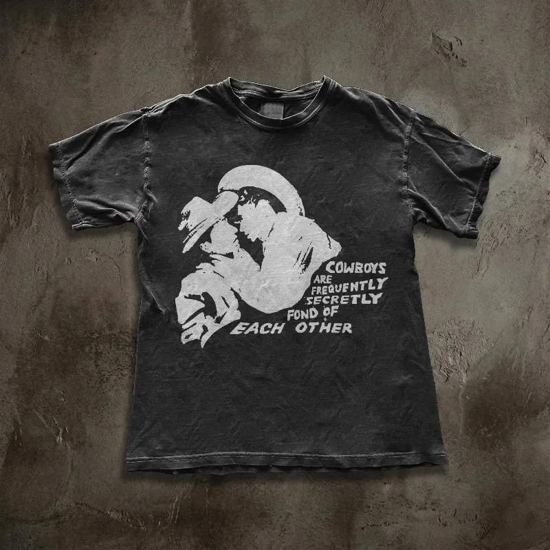Queer Cowboy Embrace, Vintage Zine Style, Secret Romance Graphic Tee Summer unisex Loose and Breathable cotton T-shirt Top