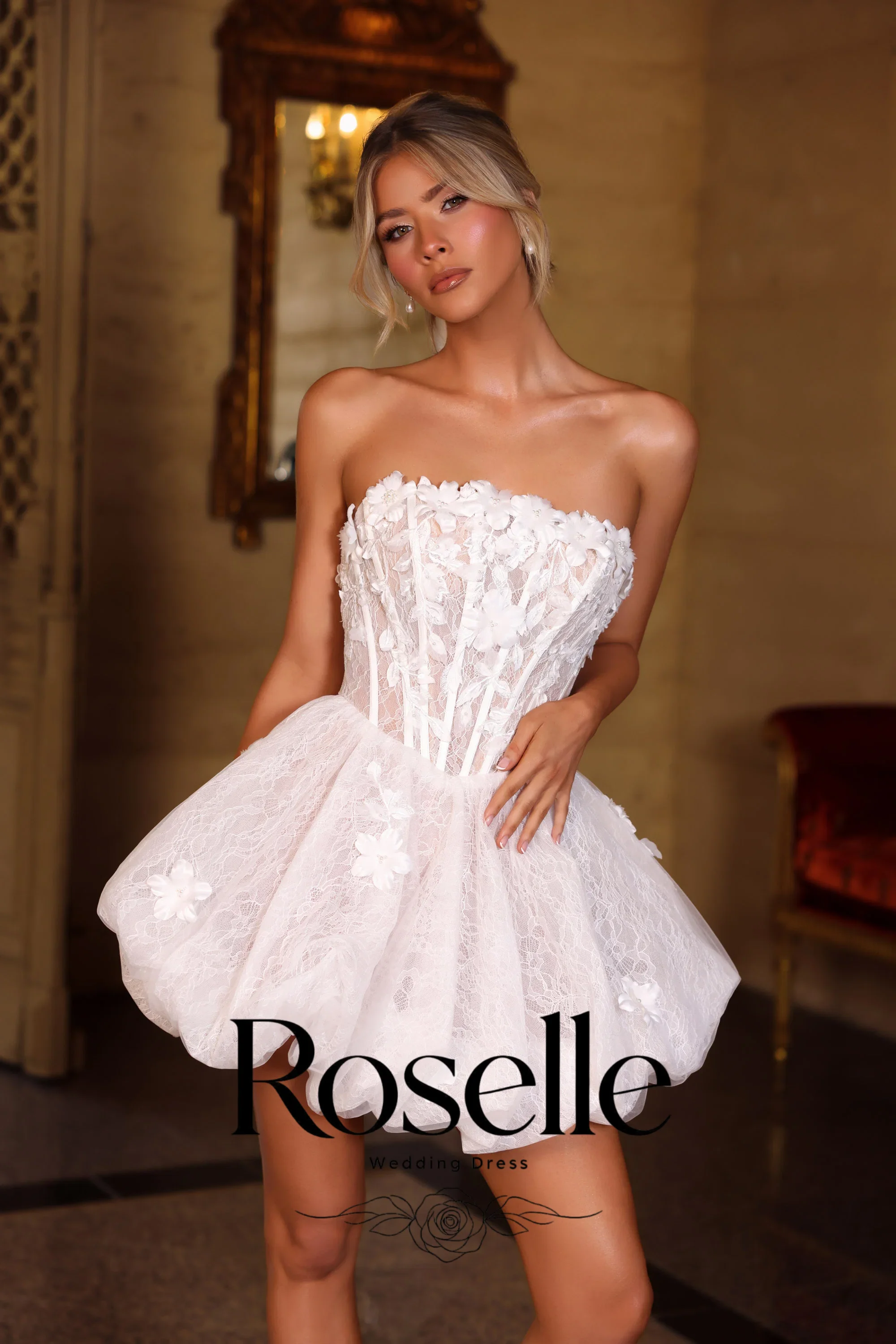 ROSELLE Mini Lace A-Line Wedding Dress Strapless Sleeveless With 3D Flower Appliques 2026 Bridal Customized свадебное платье