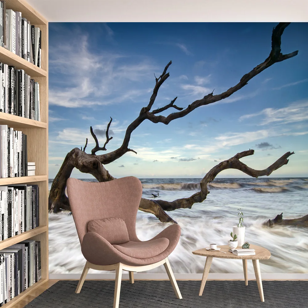 Custom Peel and Stick Optional Wallpapers for Living Room Decoration Sofa Contact Wall Papers Home Decor Tree Coast Beach Murals