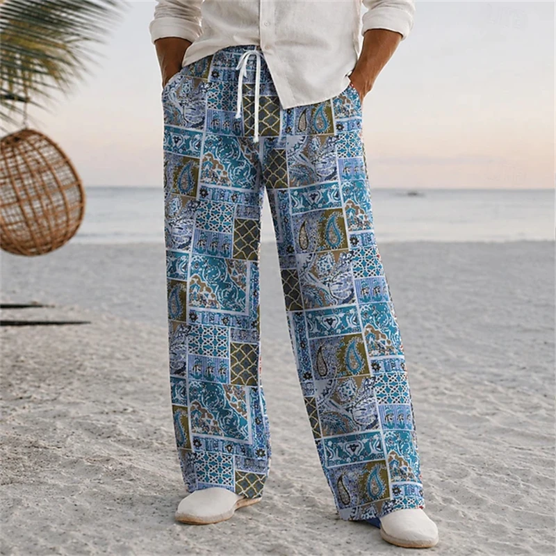New Summer Drawstring Loose-Fit Men's Wide-Leg Pants Plus-Size 3D Retro Patchwork Print Casual Pants Everyday Wear Long Pants