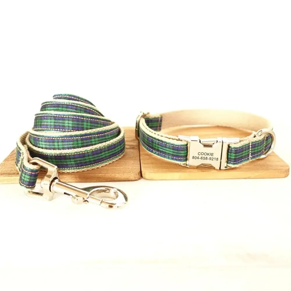 Personalized Dog Collar with Free Engraving, Matching Pet Leash,Customzied Contacts Metal Buckle,Green Plaid Pet Collar