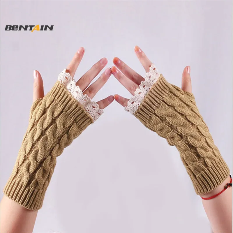 Women's Winter Warm Arm Sleeve Knitting Gloves Lace Lengthened Wristband Half Finger Gloves Long Fingerless Arm Warmer Cover