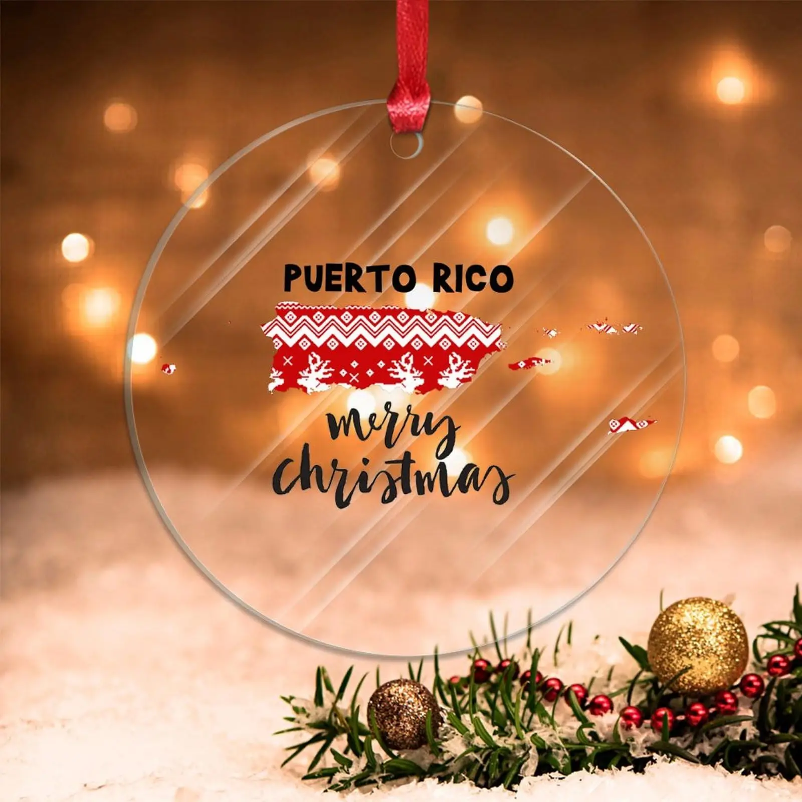 Puerto Rico State Map Print Acrylic Hanging Ornaments Round Pendant Xmas Tree Decor Charms Gifts for Merry Christmas Bauble Gift