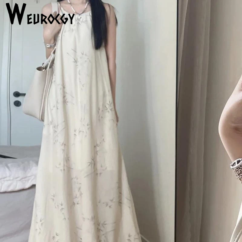 Women Dress 2024 Summer Comfortable New Style Casual Loose French Style Floral Print Sleeveless Strap Sling Long Dresses