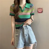 Ice Silk Knitted T-shirts Sexy Crop Top Pretty Short Sleeve Striped Women's Polo Korean Popular Clothes Casual Lapel Female Tee - Image 2