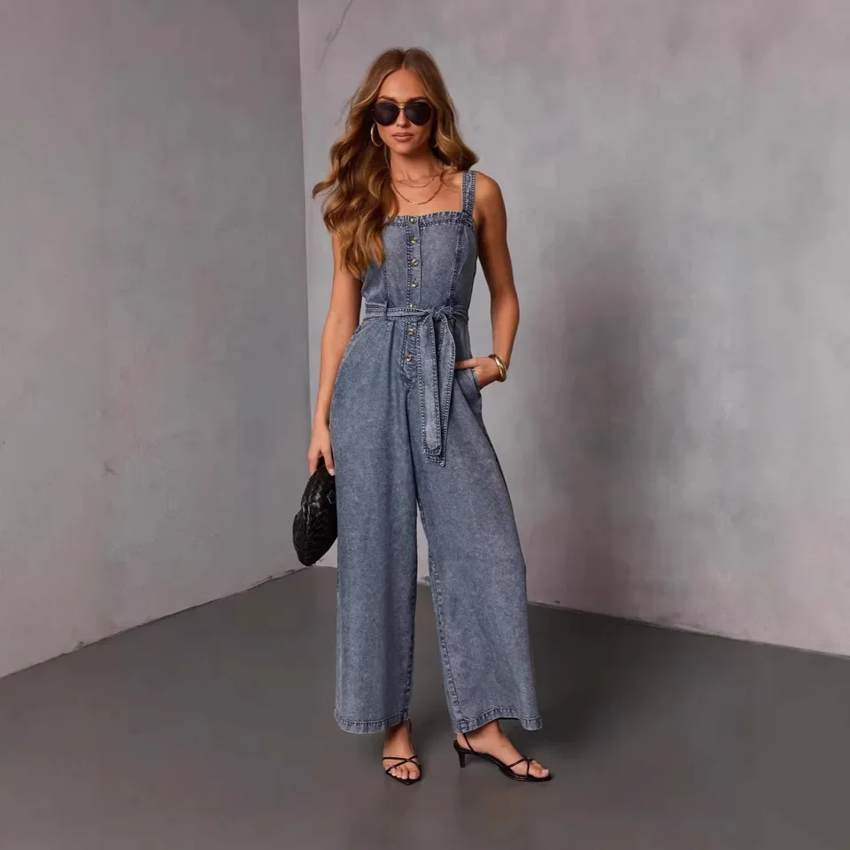 2026 Spring Summer New Women Denim Jumpsuit Dark Blue Waist Cinched Washed Strapless  Jumpsuit