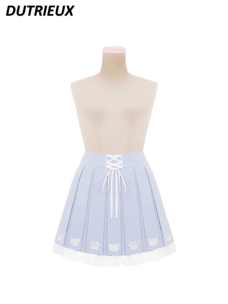 

Japanese Original Lovely Soft Cute Pleated Skirt Summer New Sweet Girl Solid Color High Waist Lace up All-Match Short Skirts