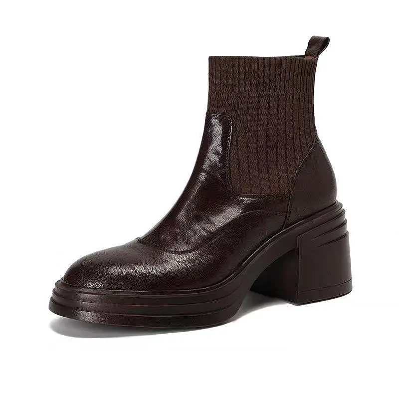 

Осенние теплые вязаные эластичные ботинки-носки для женщин, коричневые ботинки на платформе с швейным дизайном в стиле ретро, удобные непромокаемые ботинки на массивном каблуке