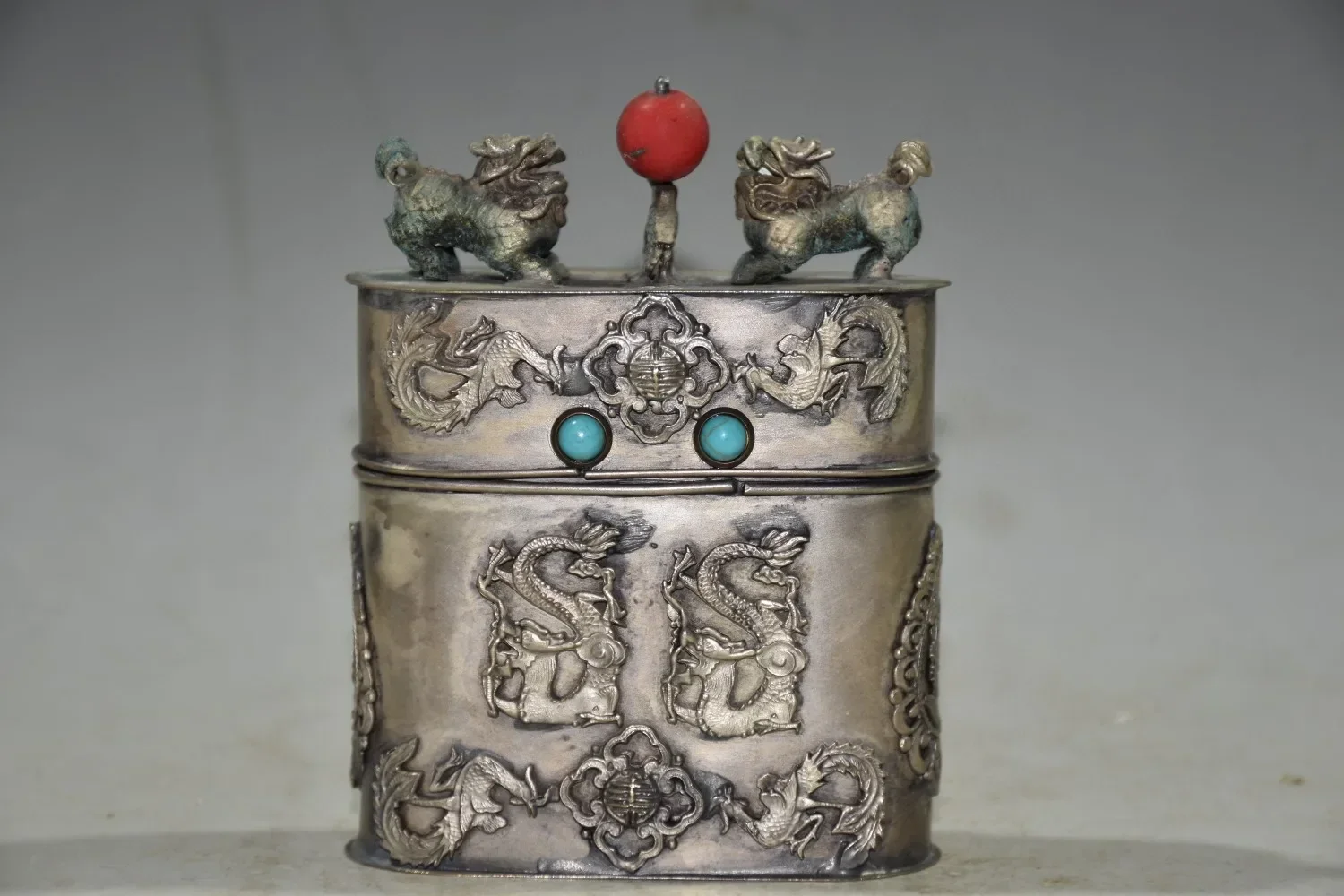 China Archaize White Copper Dragon Phoenix Lion Toothpick Box Crafts Statue
