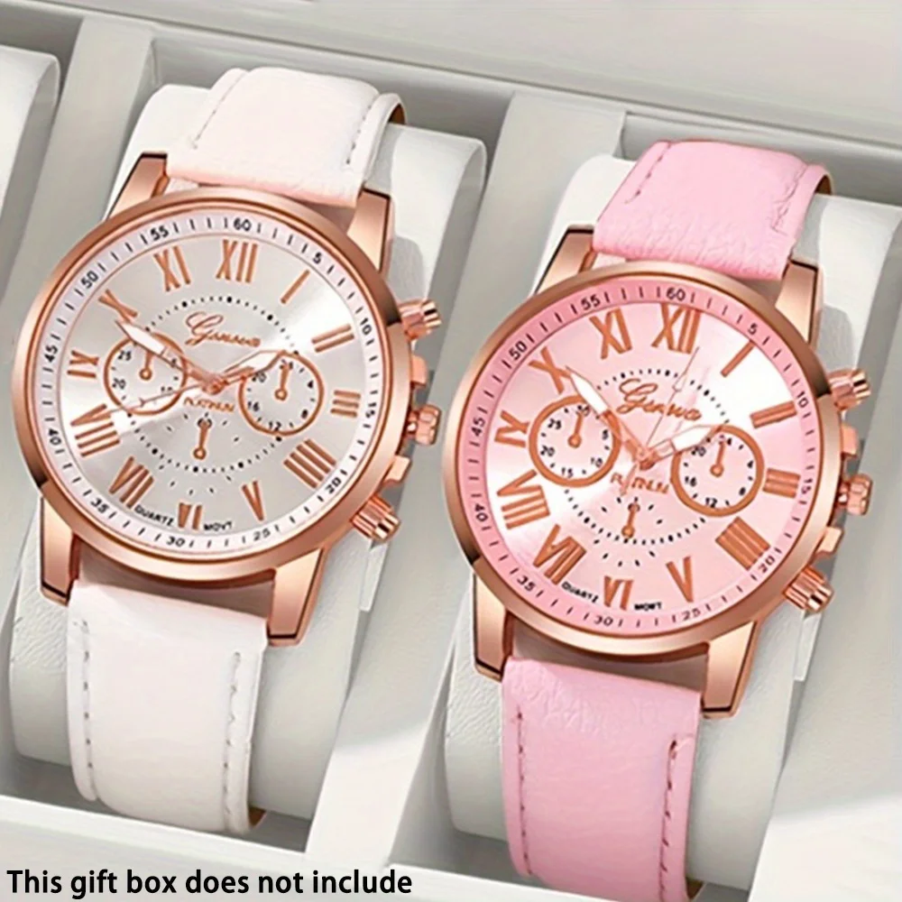 [Elegant Roman Quartz Watch] 2pcs Elegant Roman Quartz Women's Watches - Fashionable Round Dial with Strap, Perfect Gift Idea
