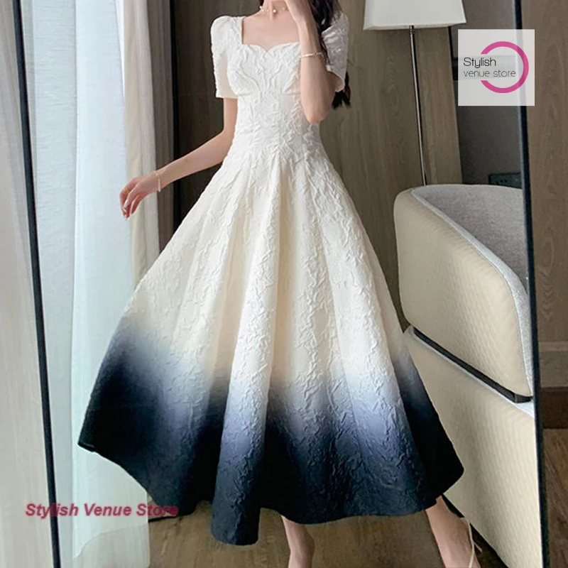 

French square neck design dress for women's summer fashion, high-end feeling, slimming temperament, gradient color long skirt