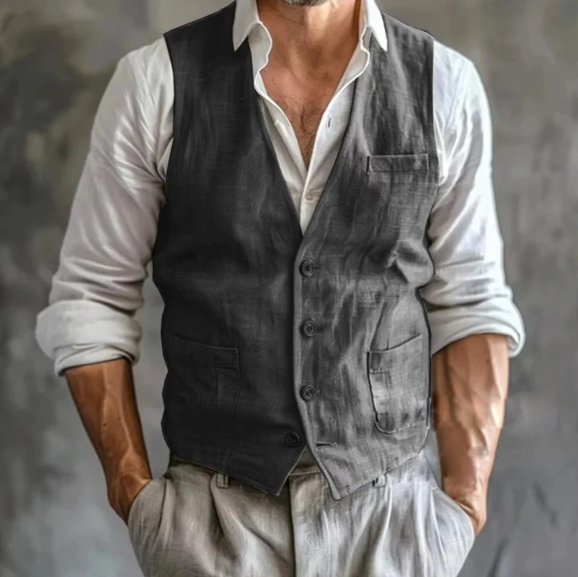 الرجال سترة كتان الصيف الذكور عالية الجودة رمادي بارد تنفس مع جيوب جيليه صدرية رجالي رسمية بلا أكمام رجل العمل
