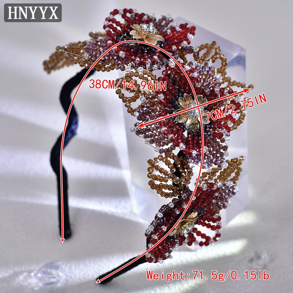 HNYYX Crystal Beaded Flower Headband Red Vintage Headband for Women Festive Decor Hair Accessories Wedding Party Head Piece A62