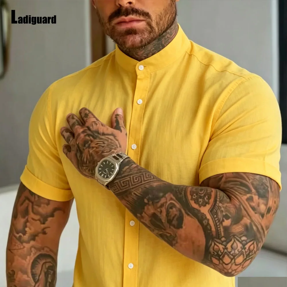 Men Short Sleeve Linen Shirts Clothing 2026 European Fashion Basic Top Pullovers Solid Collarless Blouse Mens Casual Daily Shirt