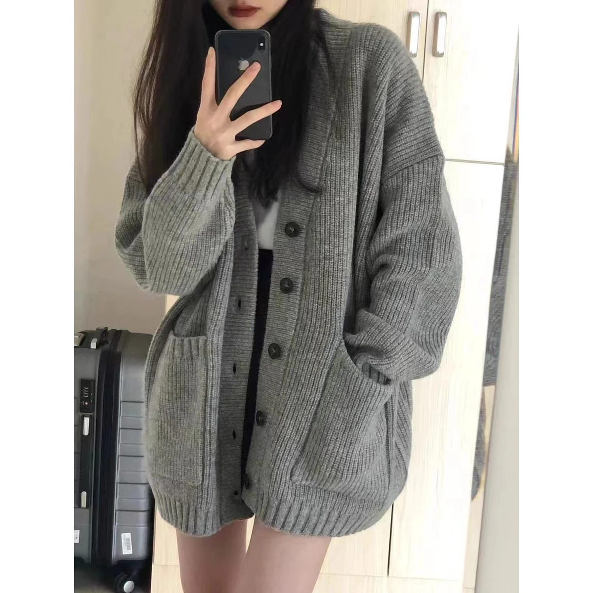 

Lazin Sle V-Ne Knitted Open Cardigan Sweater Women's Autumn Winter Outerwear Loose Casual Small Size