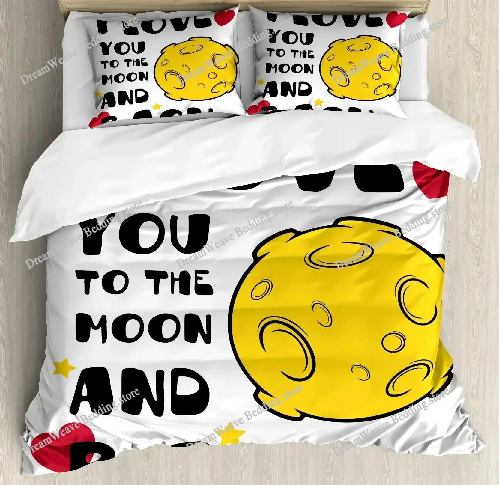 

3D Print I Love You Duvet Cover Hand Drawn Moon and Back Words with Stars Celebration King Size Polyester Bedding Set