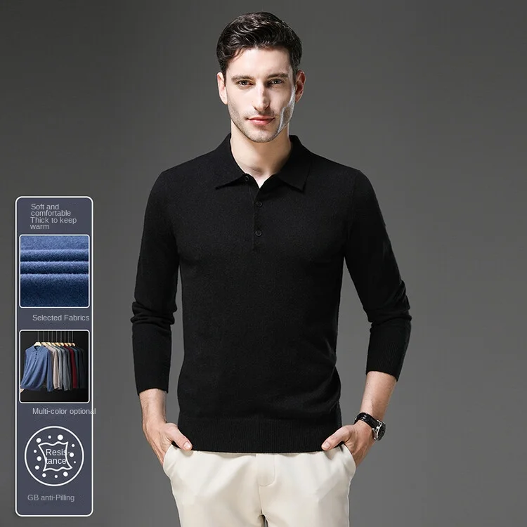 2024 High Quality Casual Men's Polo Sweater  Warm Comfortable Long Sleeved Woollen Pullover Lapel  Knit Sweater