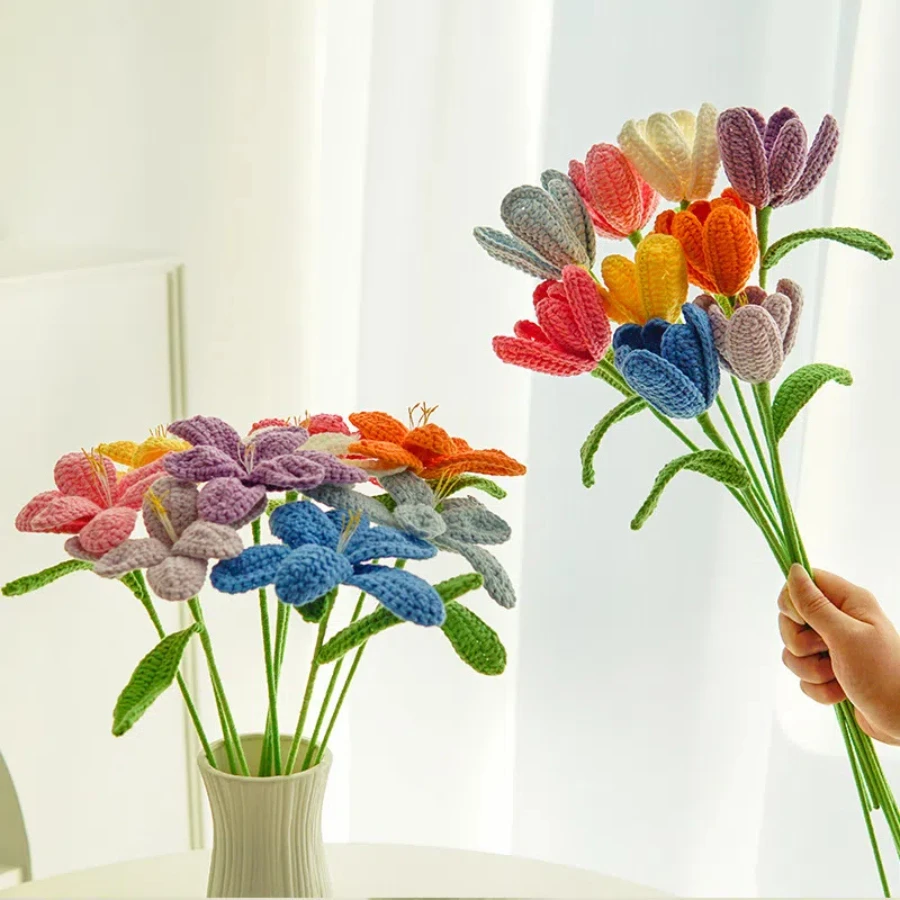 New Hand-Knitted Flowers Artificial Tulips Bouquet Cotton Yarn Crochet Fake Flowers for Wedding Home Table Decor New Year Gifts