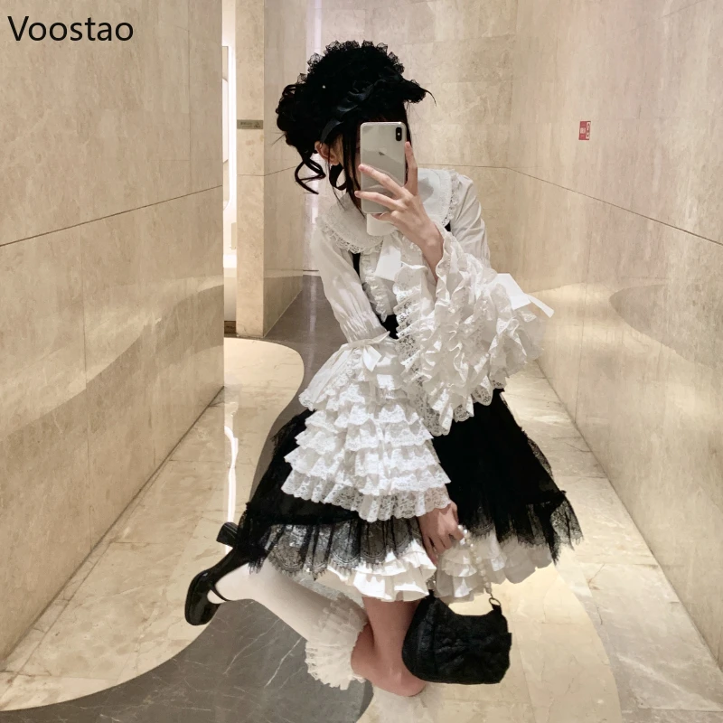 Camicie stile Lolita Vintage vittoriano donna Gothic Y2k Bow Lace Ruffle Flare camicetta a maniche lunghe giapponese dolce elegante carino top