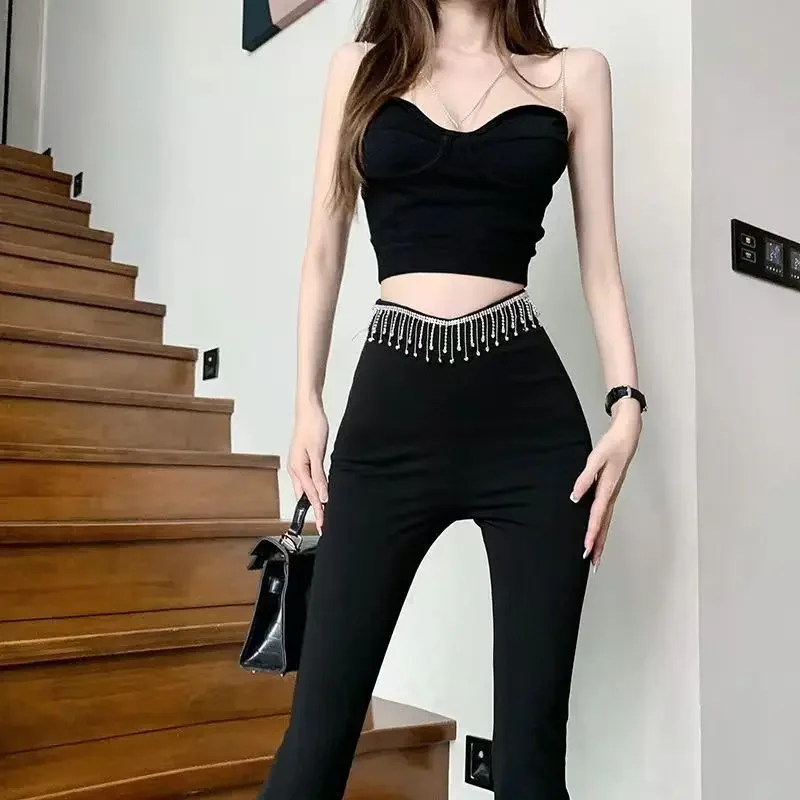 

Design Sense Hot Girl Знаменитости со стразами и кисточками на талии Slim Fit Модные расклешенные брюки Повседневные брюки XT1104