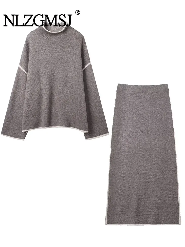 

NLZGMSJ Женские трикотажные комплекты Осень 2025 г., свободные свитера с длинным рукавом и воротником-стойкой, топ большого размера, длинная юбка миди, комплект из 2 предметов Y2K