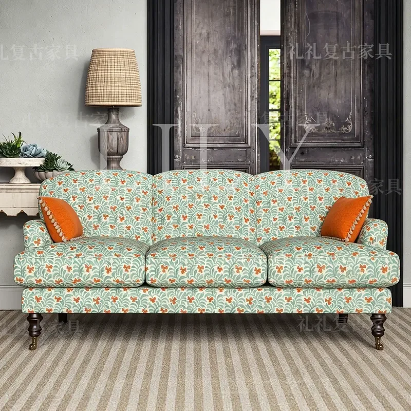 Retro Casual Solid Wood Sofa Printed Fabric 3 Seater Straight Couch for Living Room Bedroom
