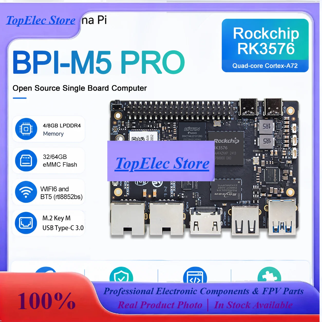TopEsBanana Pi BPI-M5 Pro Rockchip RK3576 4GB LPDDR4 64GB EMMC ARM Mali G52 MC3 GPU 6 TOPs SBC Development Board