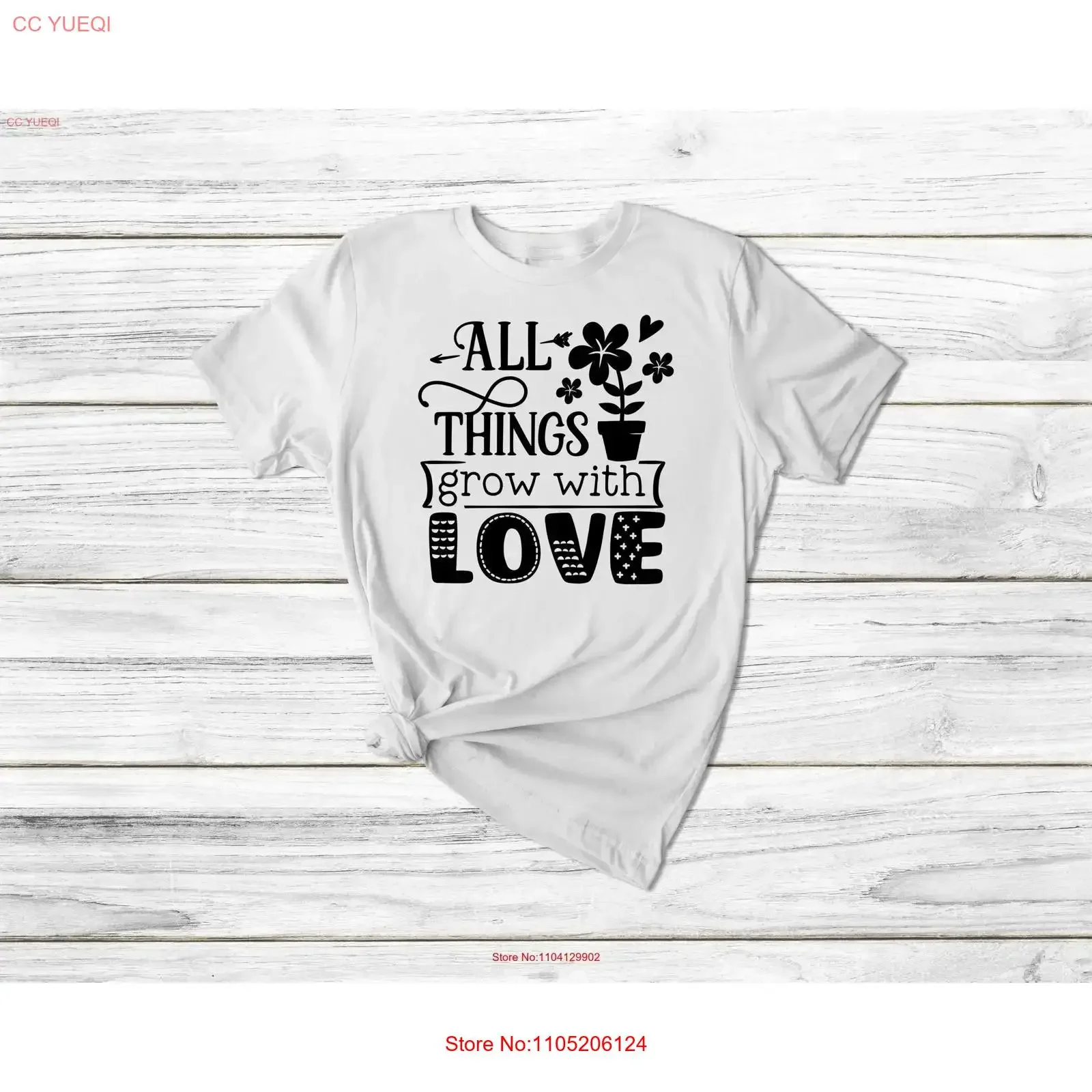 كل الأشياء تنمو مع الحب مضحك البستنة تي شيرت هدية السيدات الرجال للجنسين حديقة المحملة النباتات الزهور الربيع خمر غسلها #1