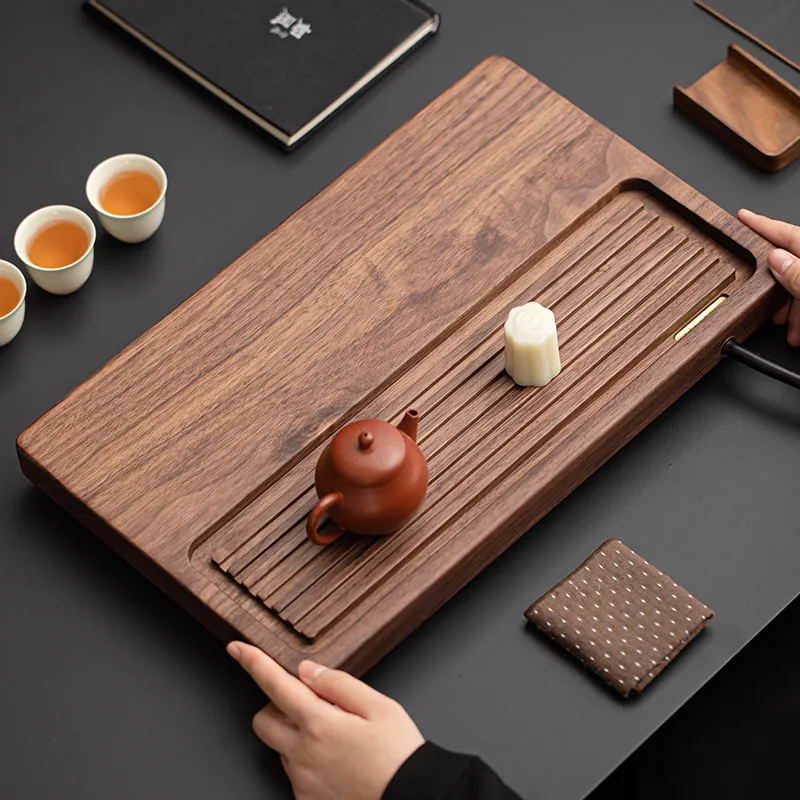 Bandeja de té nórdica japonesa de madera de nogal negro, bandeja de té de lujo moderna rectangular, bandeja decorativa imperial antigua.