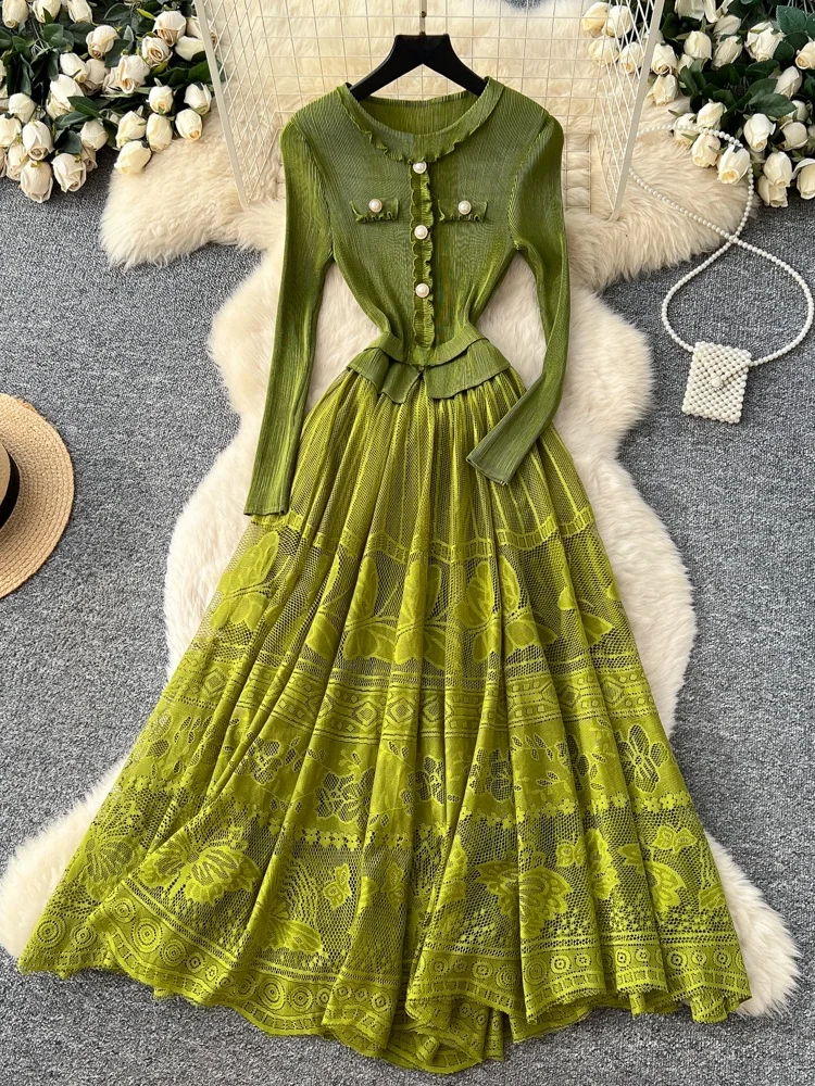 

Ele High Waist A-Line Long Dr Women's New Sle Svel Dr Polyester Fiber Splice Ele Long Skirt