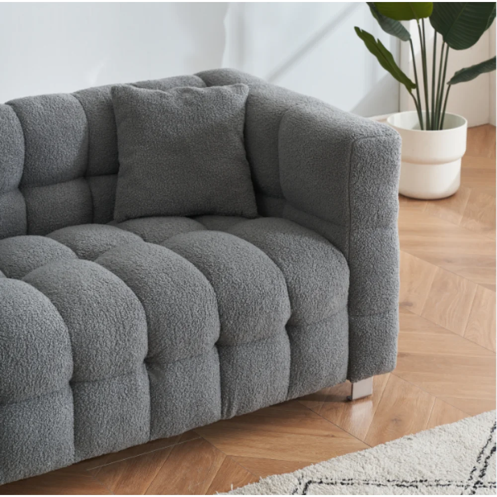 Grey teddy fleece sofa 80 inch discharge in living room bedroom with two throw pillows hardware foot support